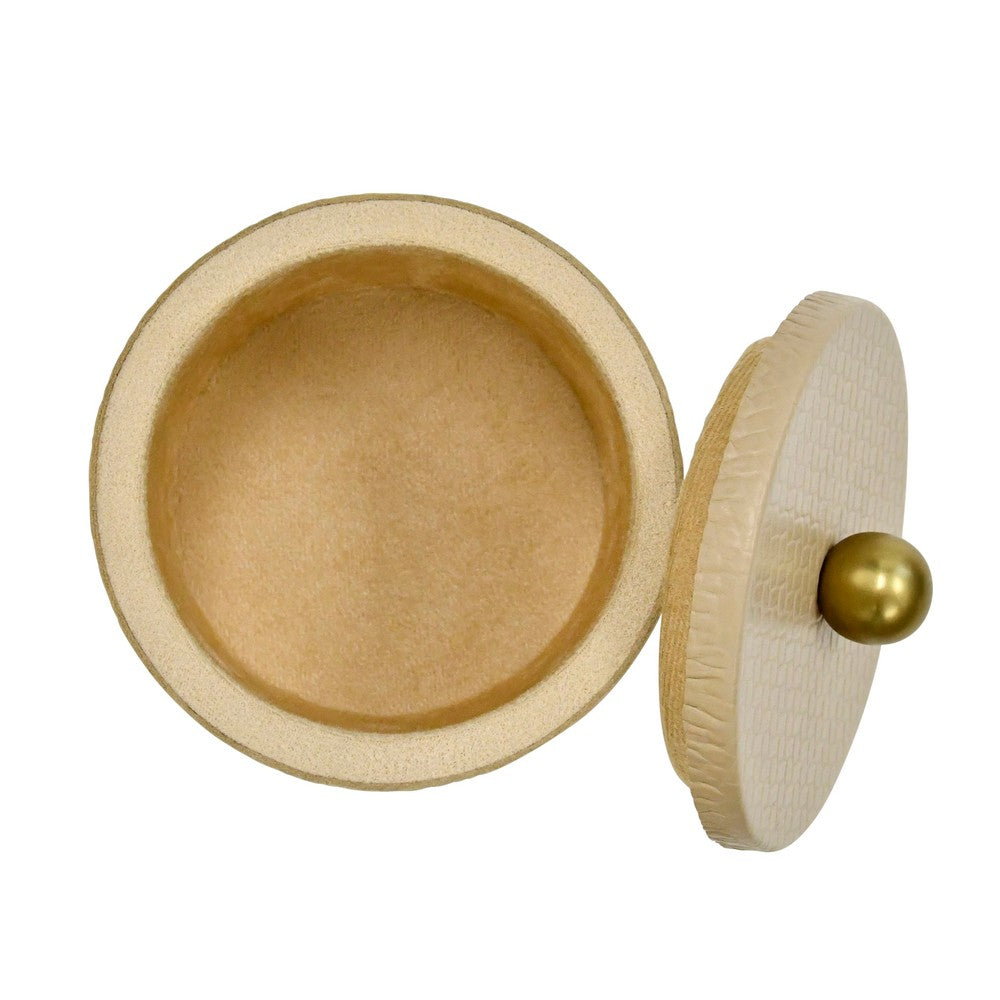 Worlds Away - Round Ivory Faux Leather Container With Brass Ball Handle - EMMA view 3