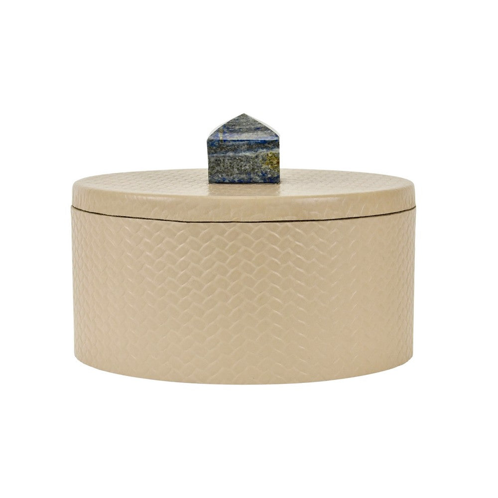 Worlds Away - Round Ivory Faux Leather Container With ... Stone Handle - HOLLY view 1