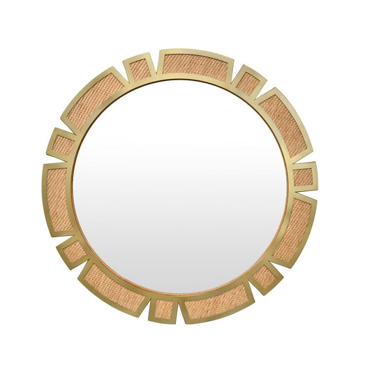 Worlds Away - Round Modern Suburst Mirror With Framed Rattan In Brass - SUNDAY view 2