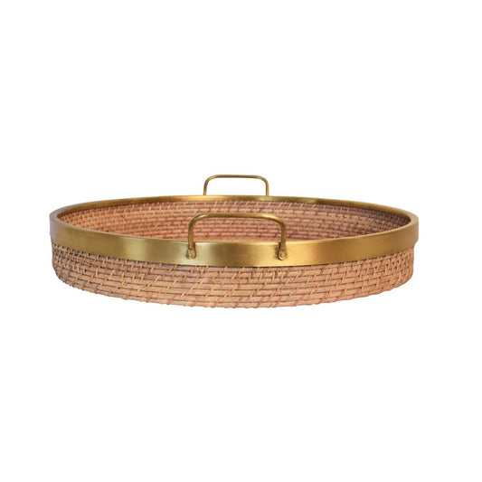 Worlds Away - Round Natural Rattan Tray With Brass Rim And Handles - BABS view 1