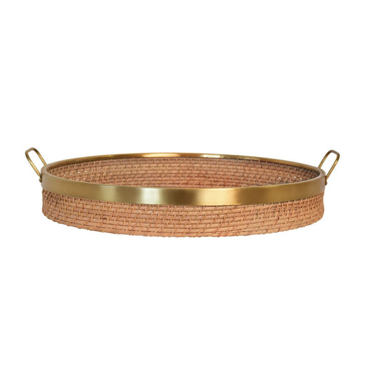 Worlds Away - Round Natural Rattan Tray With Brass Rim And Handles - BABS view 2
