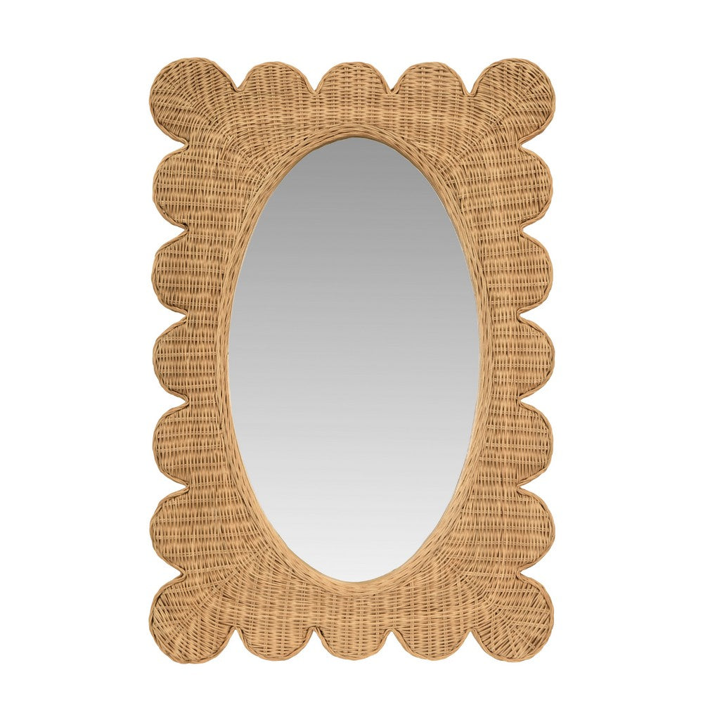 Worlds Away - Scalloped Edge Rectangular Frame With Oval Mirror In Woven Natural Rattan - LILLIAN NAT view 2