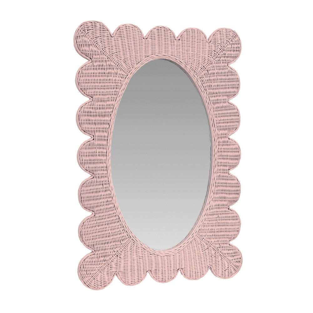 Worlds Away - Scalloped Edge Rectangular Frame With Oval Mirror In Woven Rattan Painted Pink - LILLIAN PI view 1