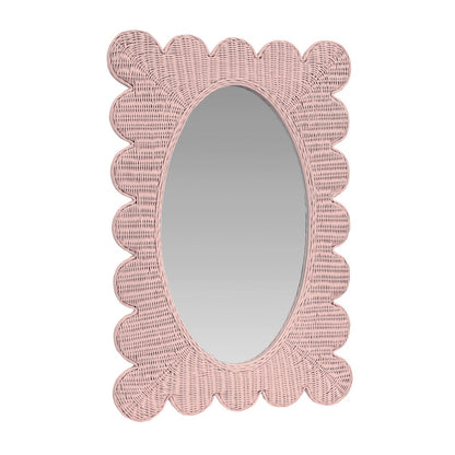 Worlds Away - Scalloped Edge Rectangular Frame With Oval Mirror In Woven Rattan Painted Pink - LILLIAN PI view 1