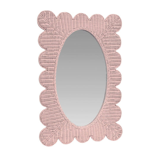 Worlds Away - Scalloped Edge Rectangular Frame With Oval Mirror In Woven Rattan Painted Pink - LILLIAN PI view 1