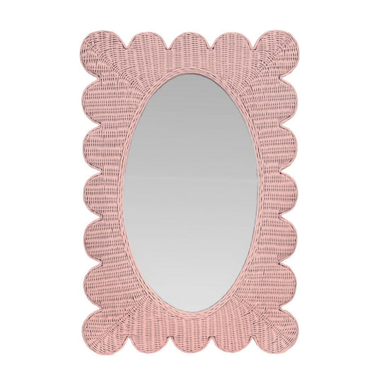 Worlds Away - Scalloped Edge Rectangular Frame With Oval Mirror In Woven Rattan Painted Pink - LILLIAN PI view 2