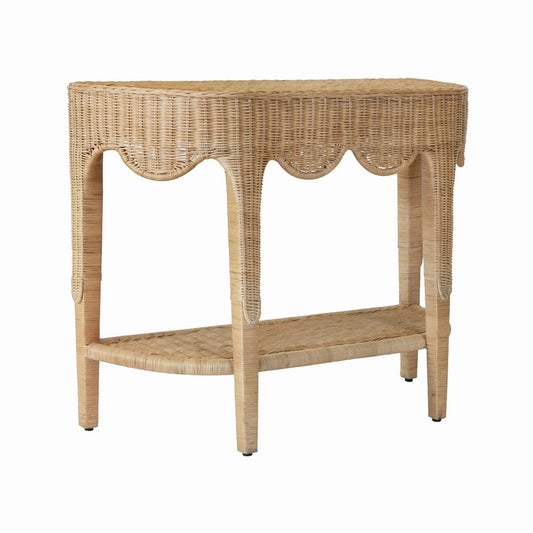 Worlds Away - Scalloped Top Demi Lune Console In Woven Rattan With Open Shelf - PALOMA view 1