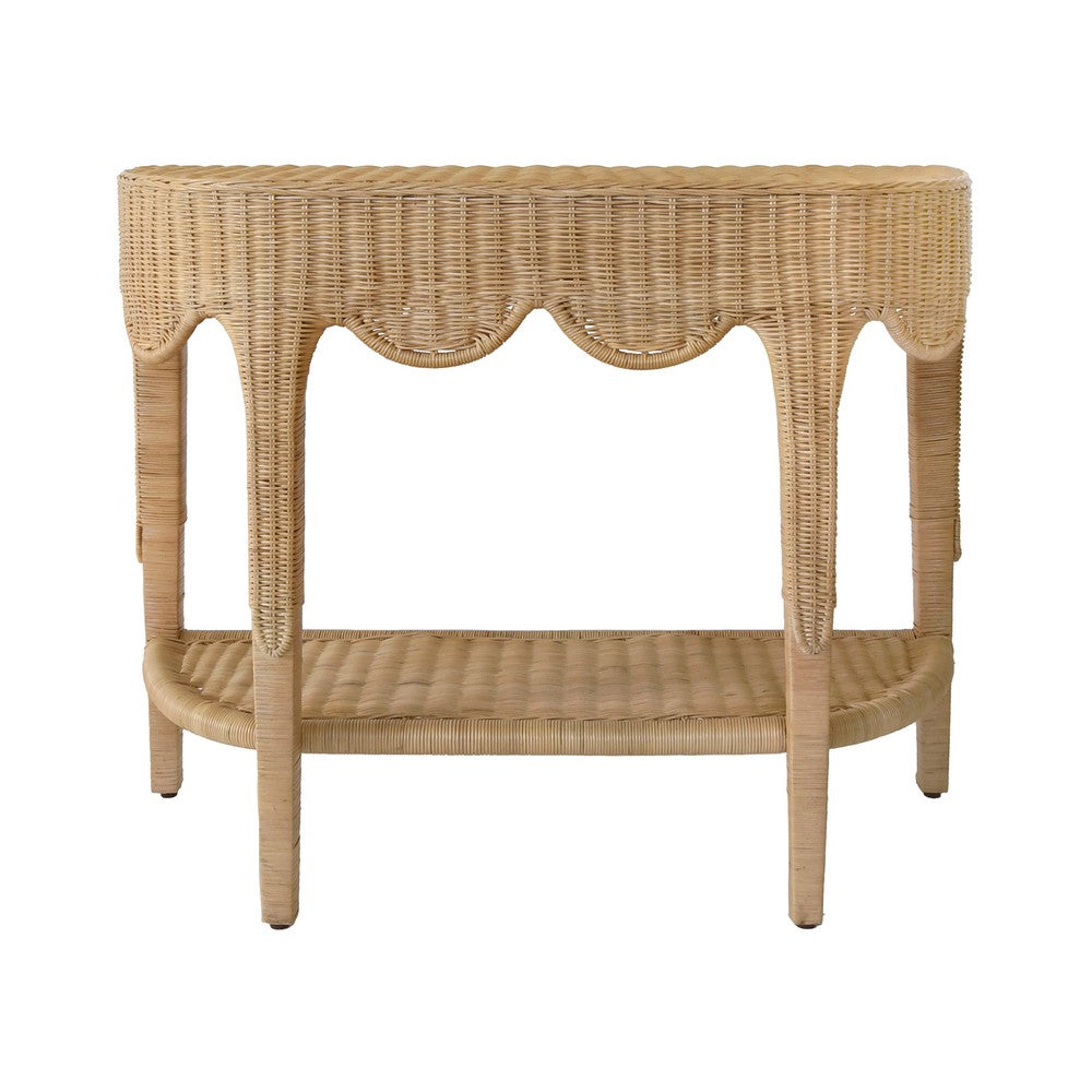 Worlds Away - Scalloped Top Demi Lune Console In Woven Rattan With Open Shelf - PALOMA view 2