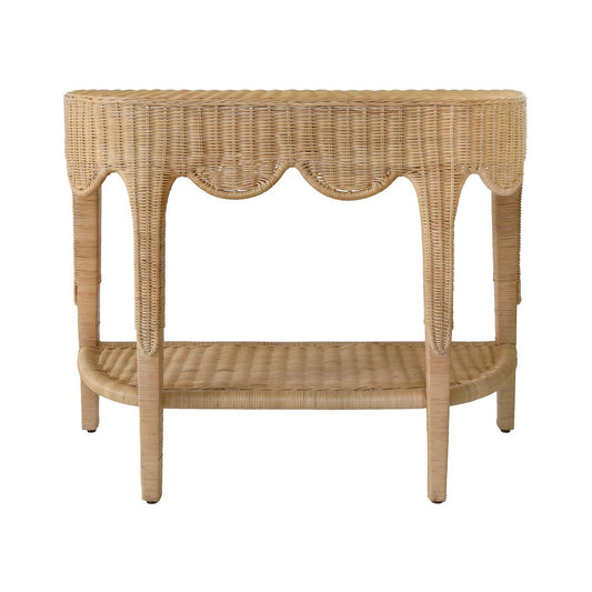 Worlds Away - Scalloped Top Demi Lune Console In Woven Rattan With Open Shelf - PALOMA view 2