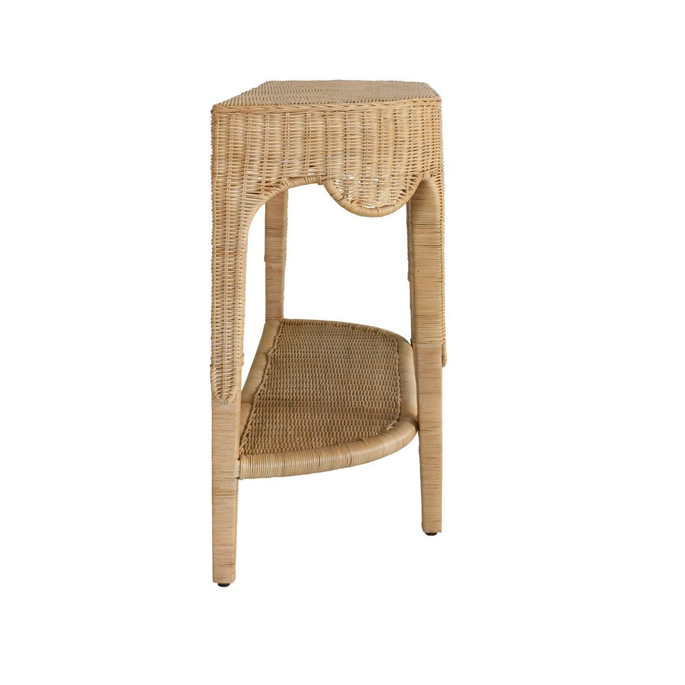 Worlds Away - Scalloped Top Demi Lune Console In Woven Rattan With Open Shelf - PALOMA view 3