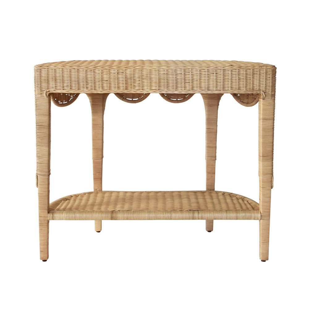 Worlds Away - Scalloped Top Demi Lune Console In Woven Rattan With Open Shelf - PALOMA view 4