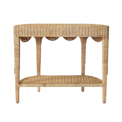 Worlds Away - Scalloped Top Demi Lune Console In Woven Rattan With Open Shelf - PALOMA view 4