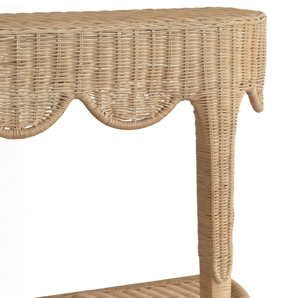 Worlds Away - Scalloped Top Demi Lune Console In Woven Rattan With Open Shelf - PALOMA view 6