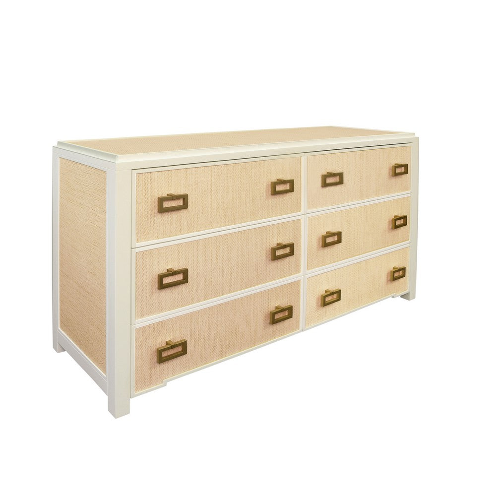 Worlds Away - Six Drawer Chest With Matte White Lacquer Frame And Natural Grasscloth Drawer Fronts - ATTICUS NAT view 1