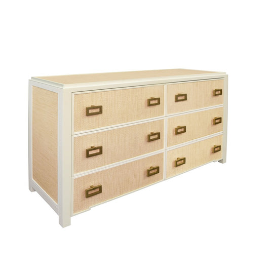 Worlds Away - Six Drawer Chest With Matte White Lacquer Frame And Natural Grasscloth Drawer Fronts - ATTICUS NAT view 1