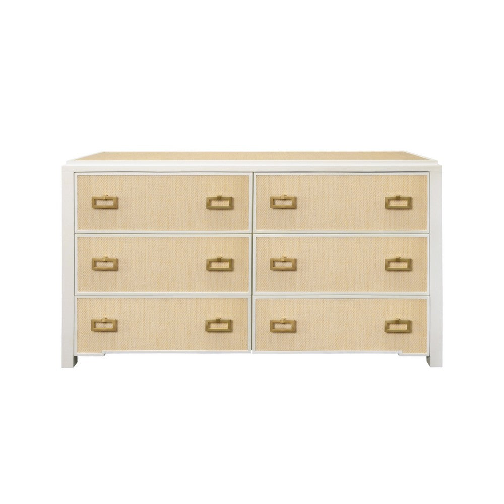 Worlds Away - Six Drawer Chest With Matte White Lacquer Frame And Natural Grasscloth Drawer Fronts - ATTICUS NAT view 2