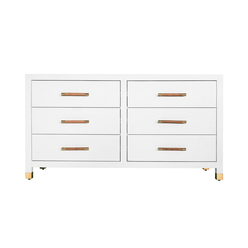 Worlds Away - Six Drawer Chest With Rattan Wrapped Handles In Matte White Lacquer - WINCHESTER WH view 1