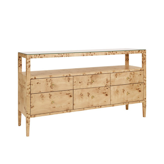 Worlds Away - Six Drawer Console With Open Shelf In Burl Wood With Polished Brass Knobs - JORDAN BW view 1