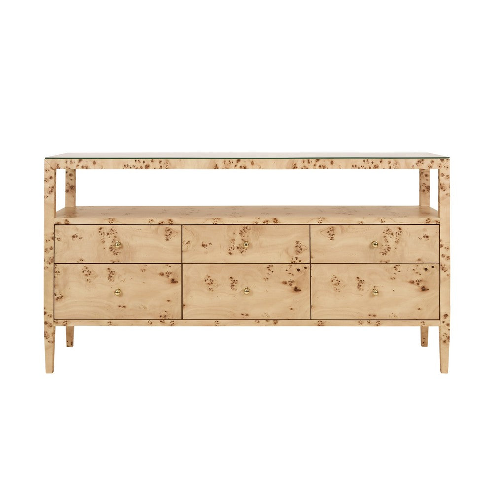 Worlds Away - Six Drawer Console With Open Shelf In Burl Wood With Polished Brass Knobs - JORDAN BW view 2