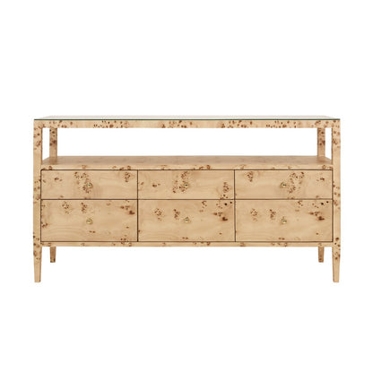 Worlds Away - Six Drawer Console With Open Shelf In Burl Wood With Polished Brass Knobs - JORDAN BW view 2