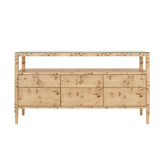 Worlds Away - Six Drawer Console With Open Shelf In Burl Wood With Polished Brass Knobs - JORDAN BW view 2