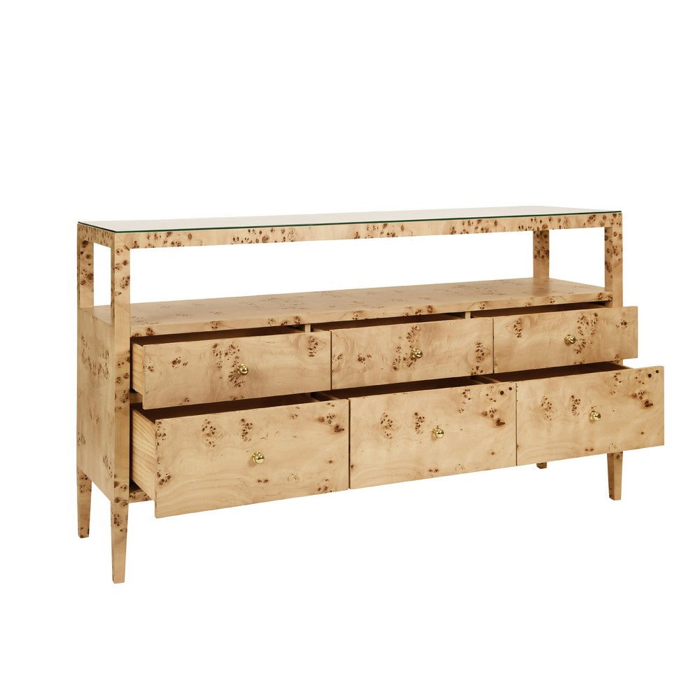 Worlds Away - Six Drawer Console With Open Shelf In Burl Wood With Polished Brass Knobs - JORDAN BW view 3