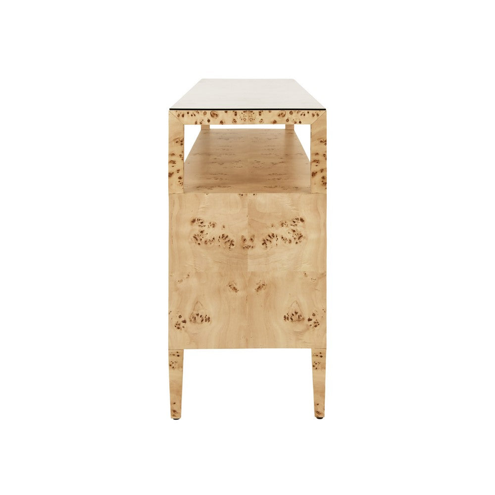 Worlds Away - Six Drawer Console With Open Shelf In Burl Wood With Polished Brass Knobs - JORDAN BW view 4