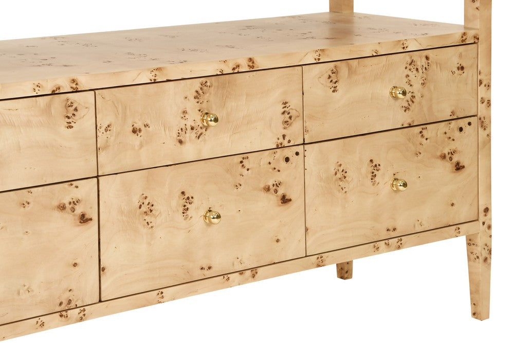 Worlds Away - Six Drawer Console With Open Shelf In Burl Wood With Polished Brass Knobs - JORDAN BW view 6
