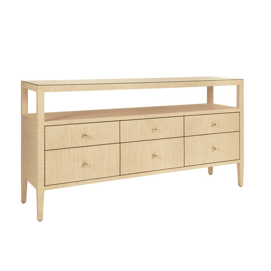 Worlds Away - Six Drawer Console With Open Shelf In Natural Grasscloth With Polished Brass Knobs - JORDAN NAT view 1