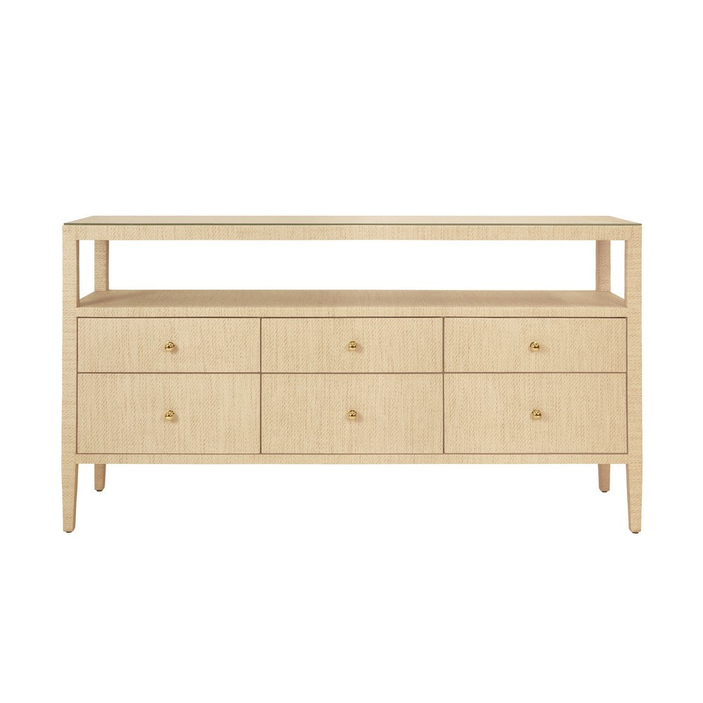 Worlds Away - Six Drawer Console With Open Shelf In Natural Grasscloth With Polished Brass Knobs - JORDAN NAT view 2