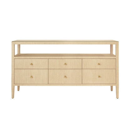 Worlds Away - Six Drawer Console With Open Shelf In Natural Grasscloth With Polished Brass Knobs - JORDAN NAT view 2