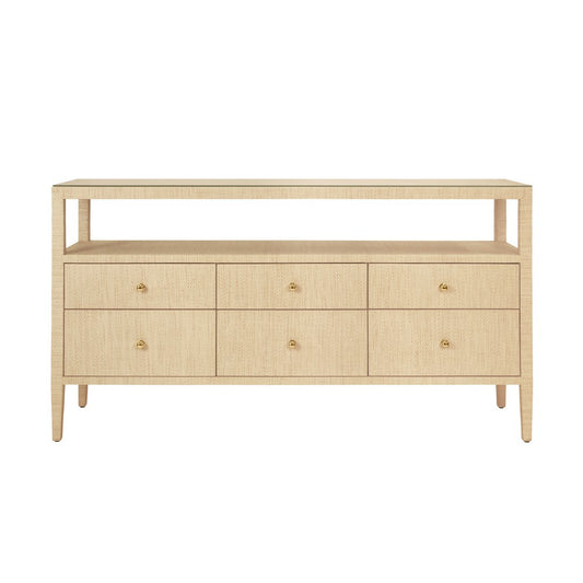 Worlds Away - Six Drawer Console With Open Shelf In Natural Grasscloth With Polished Brass Knobs - JORDAN NAT view 2