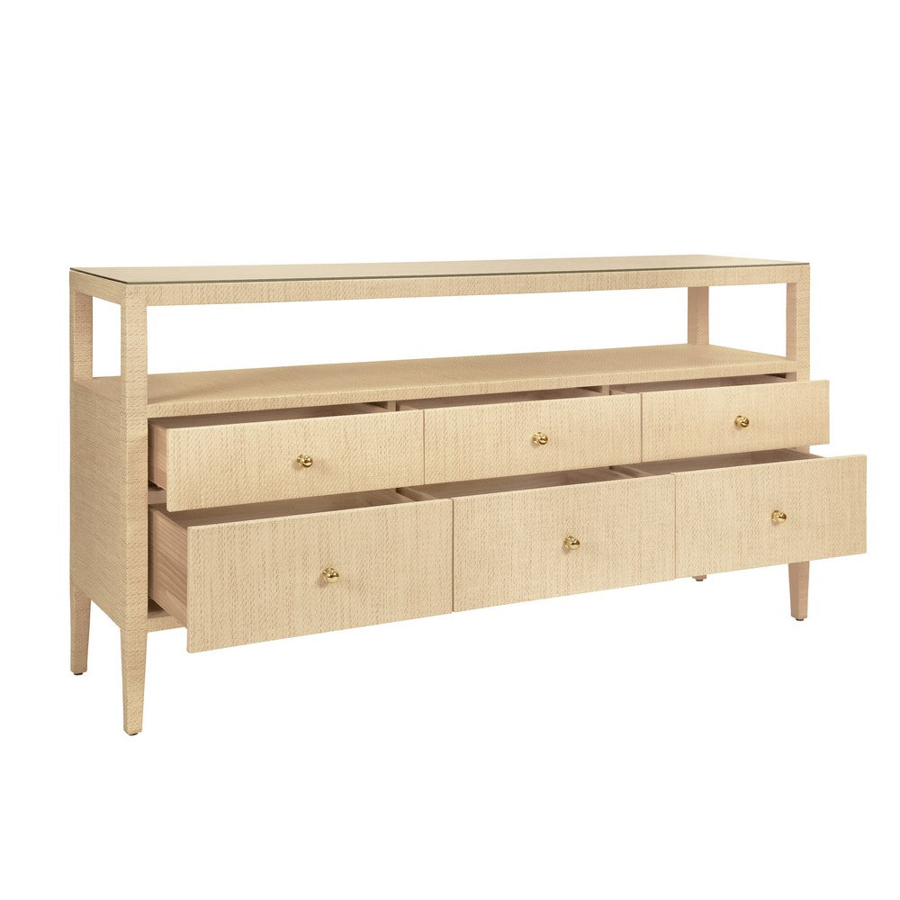 Worlds Away - Six Drawer Console With Open Shelf In Natural Grasscloth With Polished Brass Knobs - JORDAN NAT view 3