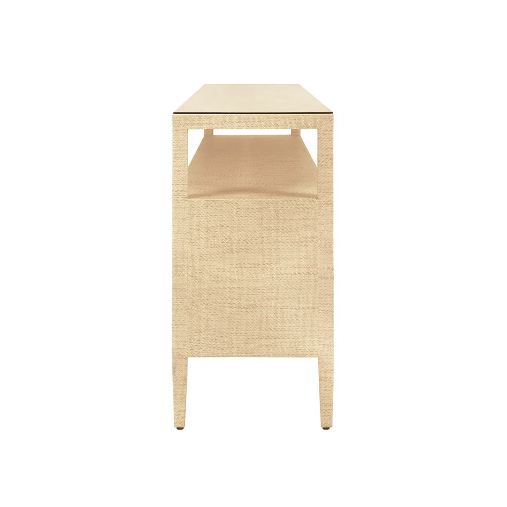 Worlds Away - Six Drawer Console With Open Shelf In Natural Grasscloth With Polished Brass Knobs - JORDAN NAT view 4