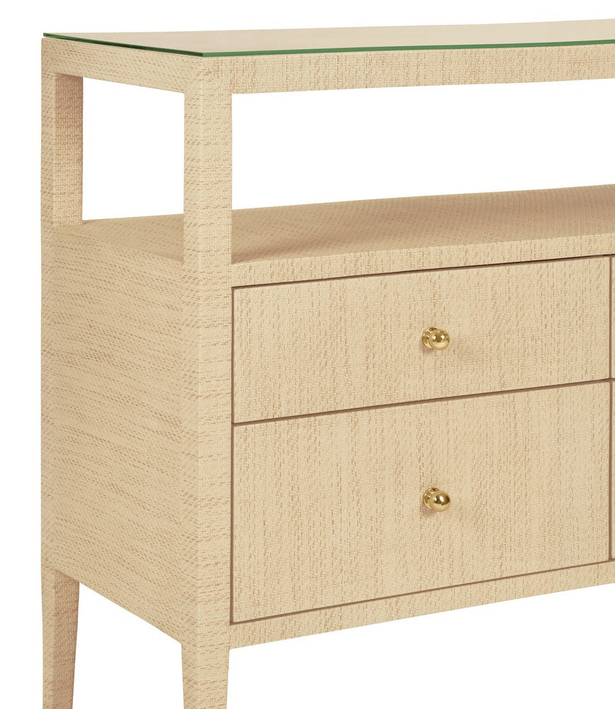 Worlds Away - Six Drawer Console With Open Shelf In Natural Grasscloth With Polished Brass Knobs - JORDAN NAT view 5