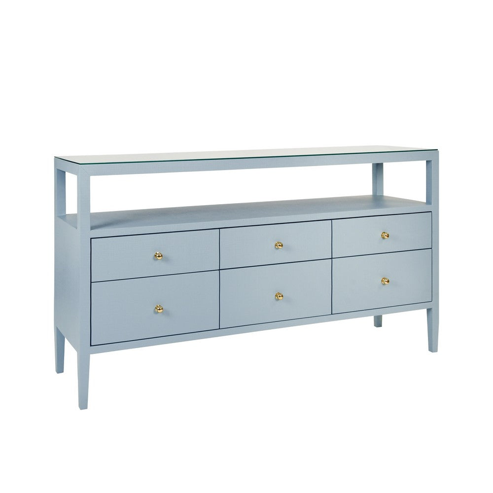 Worlds Away - Six Drawer Console With Open Shelf In Textured Light Blue Linen With Polished Brass Knobs - JORDAN LB view 1