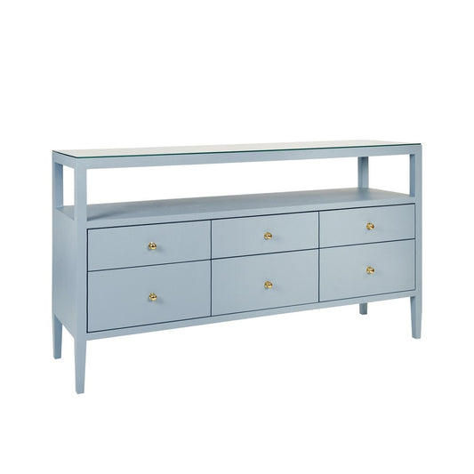 Worlds Away - Six Drawer Console With Open Shelf In Textured Light Blue Linen With Polished Brass Knobs - JORDAN LB view 1