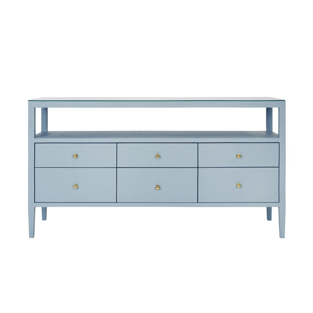 Worlds Away - Six Drawer Console With Open Shelf In Textured Light Blue Linen With Polished Brass Knobs - JORDAN LB view 2