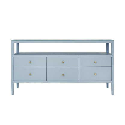 Worlds Away - Six Drawer Console With Open Shelf In Textured Light Blue Linen With Polished Brass Knobs - JORDAN LB view 2