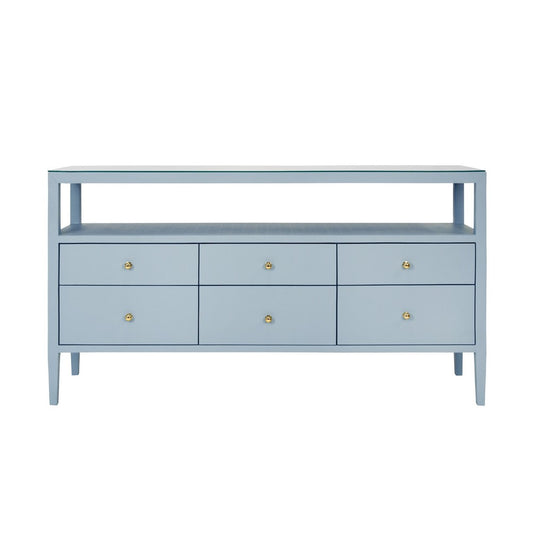 Worlds Away - Six Drawer Console With Open Shelf In Textured Light Blue Linen With Polished Brass Knobs - JORDAN LB view 2