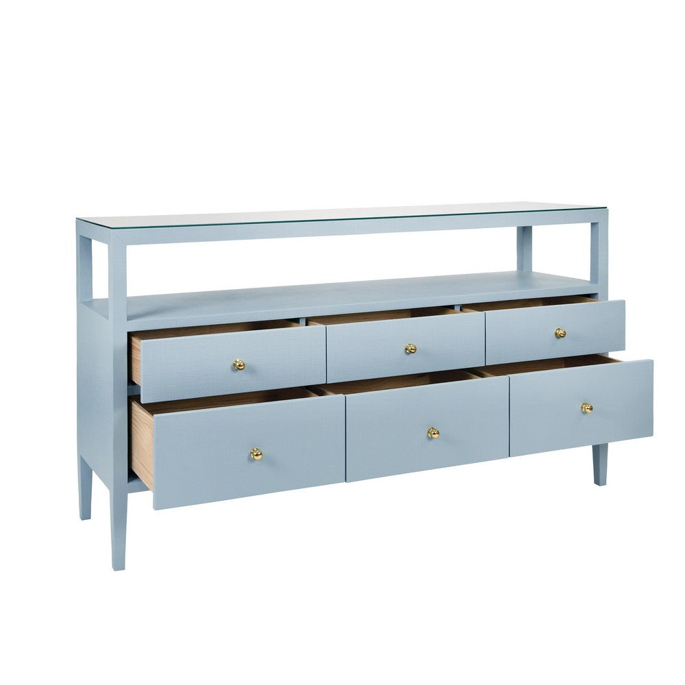 Worlds Away - Six Drawer Console With Open Shelf In Textured Light Blue Linen With Polished Brass Knobs - JORDAN LB view 3