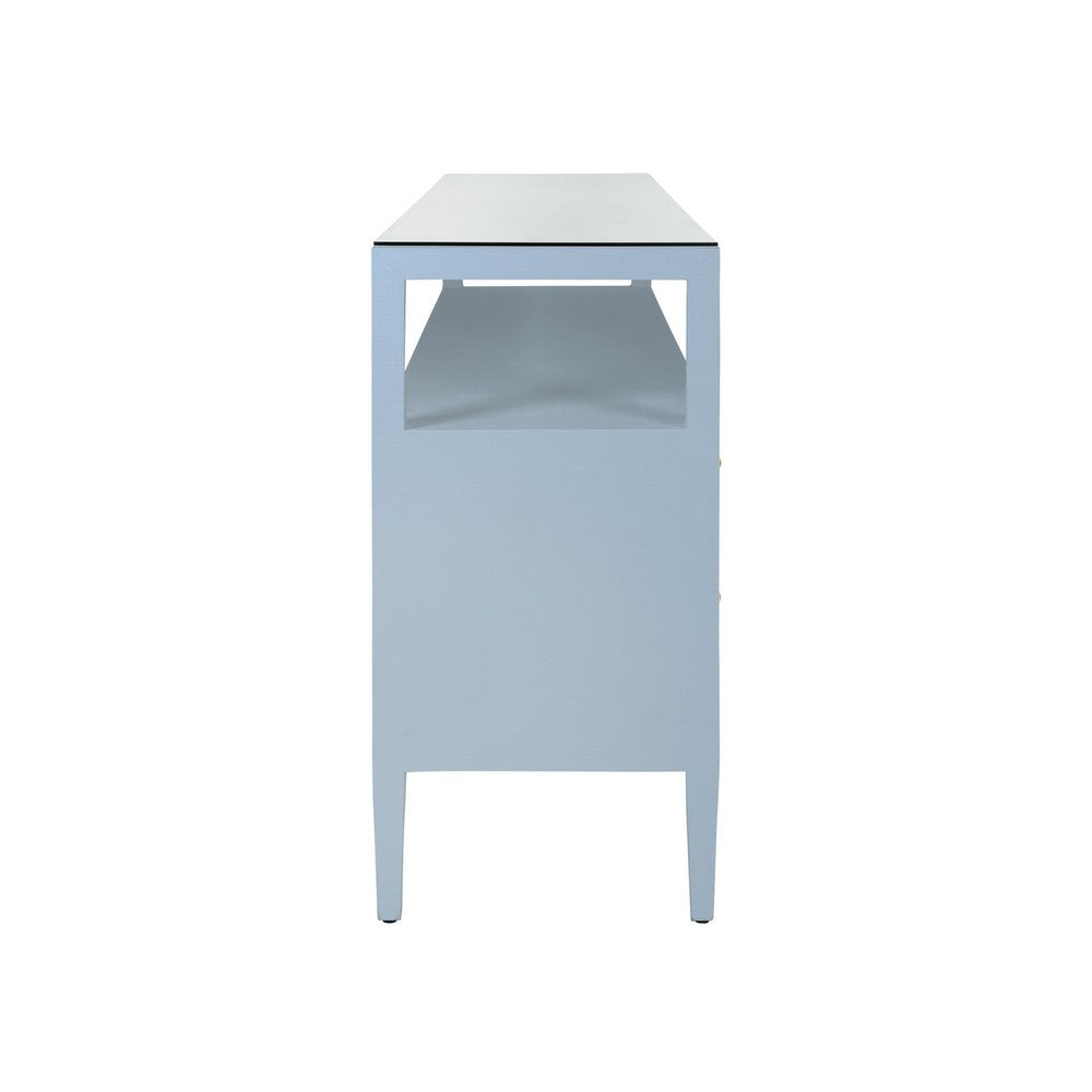 Worlds Away - Six Drawer Console With Open Shelf In Textured Light Blue Linen With Polished Brass Knobs - JORDAN LB view 4