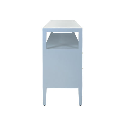 Worlds Away - Six Drawer Console With Open Shelf In Textured Light Blue Linen With Polished Brass Knobs - JORDAN LB view 4