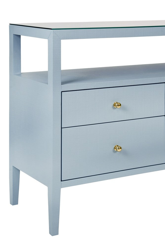 Worlds Away - Six Drawer Console With Open Shelf In Textured Light Blue Linen With Polished Brass Knobs - JORDAN LB view 5