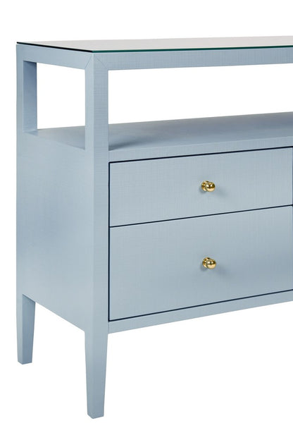 Worlds Away - Six Drawer Console With Open Shelf In Textured Light Blue Linen With Polished Brass Knobs - JORDAN LB view 5