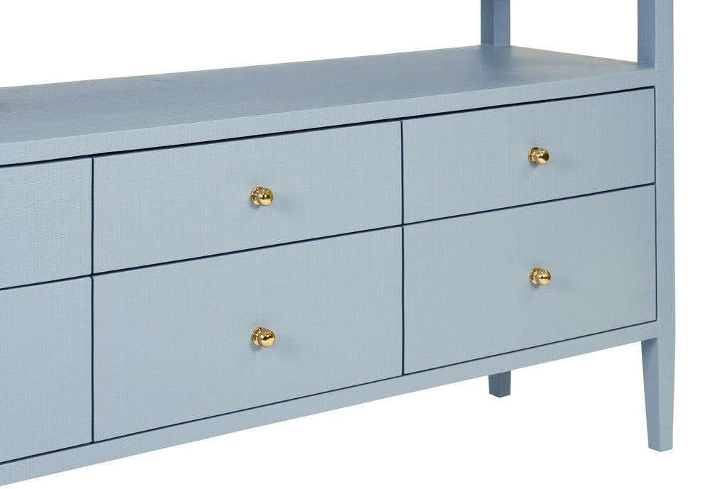 Worlds Away - Six Drawer Console With Open Shelf In Textured Light Blue Linen With Polished Brass Knobs - JORDAN LB view 6