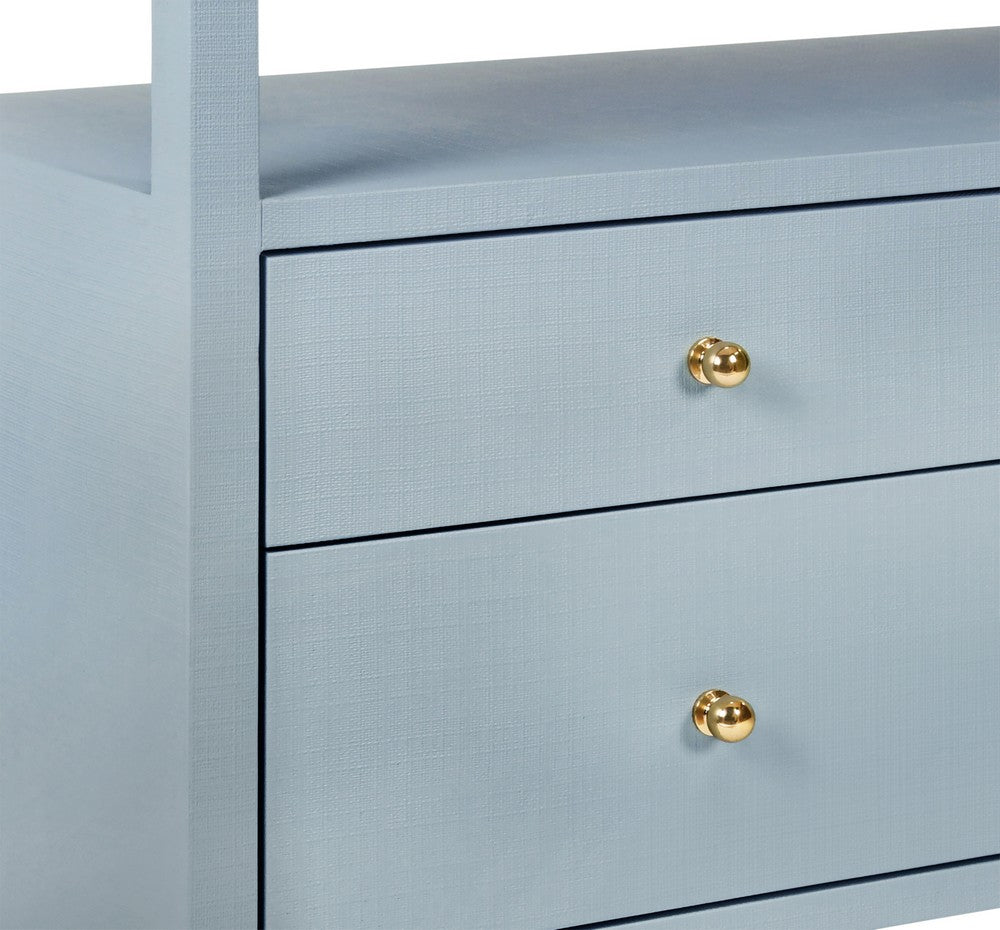 Worlds Away - Six Drawer Console With Open Shelf In Textured Light Blue Linen With Polished Brass Knobs - JORDAN LB view 7