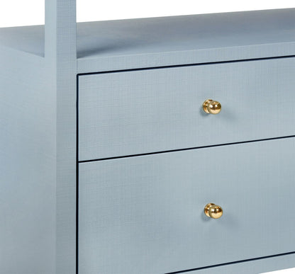 Worlds Away - Six Drawer Console With Open Shelf In Textured Light Blue Linen With Polished Brass Knobs - JORDAN LB view 7