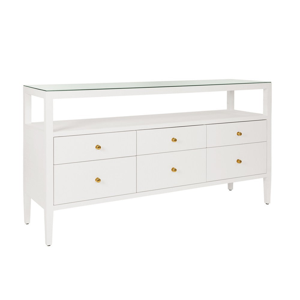 Worlds Away - Six Drawer Console With Open Shelf In Textured White Linen With Polished Brass Knobs - JORDAN WH view 1