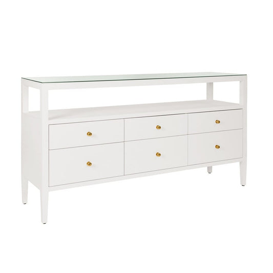 Worlds Away - Six Drawer Console With Open Shelf In Textured White Linen With Polished Brass Knobs - JORDAN WH view 1